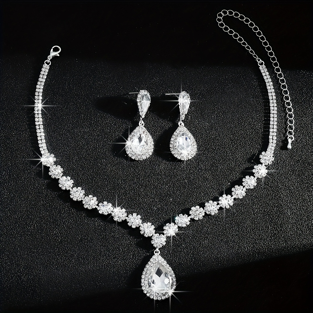 Crystal Drop Necklace and Earrings Set Golden Plated